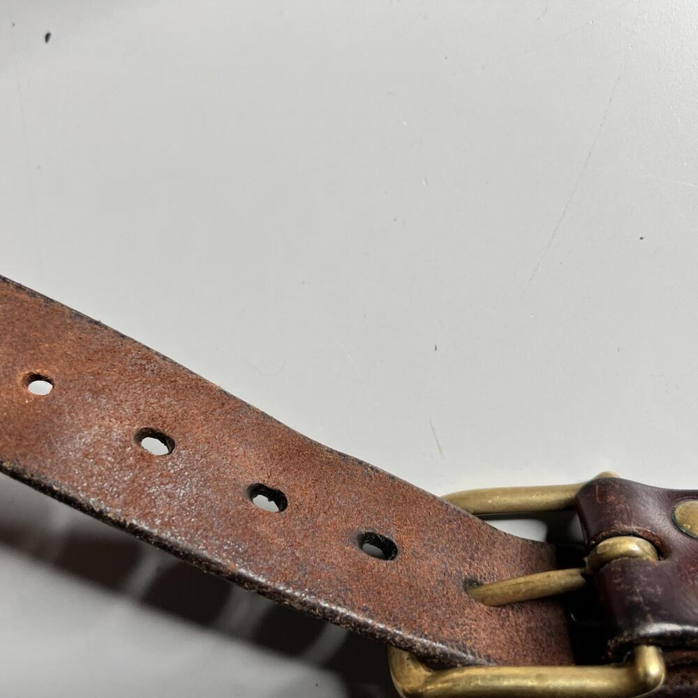 Leather Belt Mens 38 Brown Brass Buckle Work Casual Adjustable Solid Classic - Picture 6 of 6